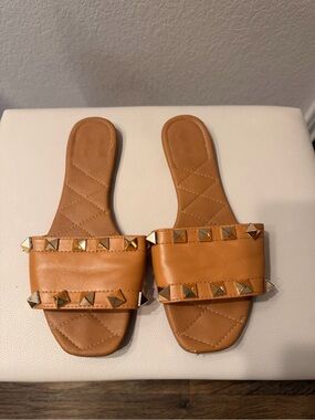 Qupid Tan Slide Sandals with Gold Studs